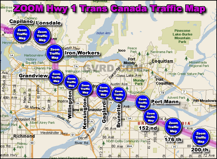 Greater Metro Vancouver Trans-Canada hwy 1 Traffic Zoom Map