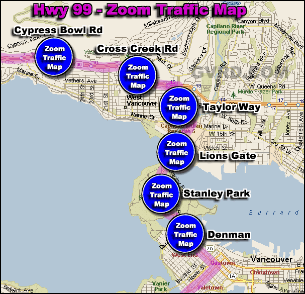 Hwy 99 and Lions Gate Bridge Traffic Zoom Map